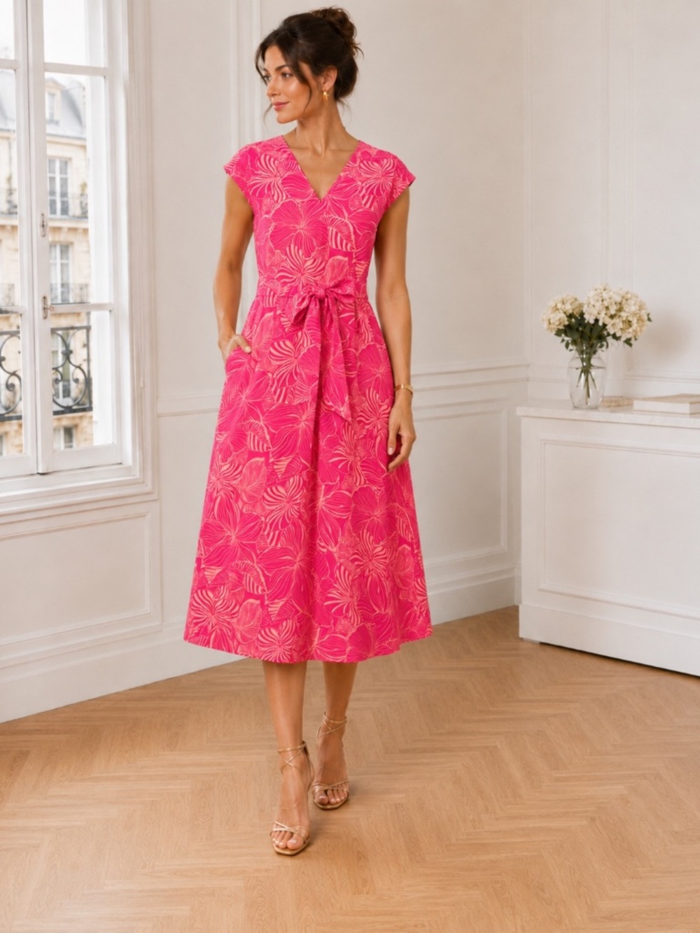 Anne Klein Rich Camellia Multi Fit and Flare Tropical Floral Midi Dress, Size 10